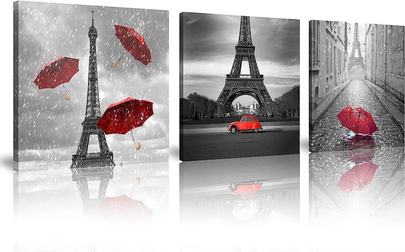 NAN Wind 3 Pcs Paris Wall Art Canvas Prints Black and White with Umbrella Eiffel Tower Decor Stretched and Framed Ready to Hang for Home Decor - Image 1